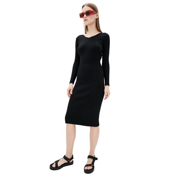 DASTI Bodycon Black Midi Dress Long Sleeve Black Vestido Negro - Picture 6 of 6